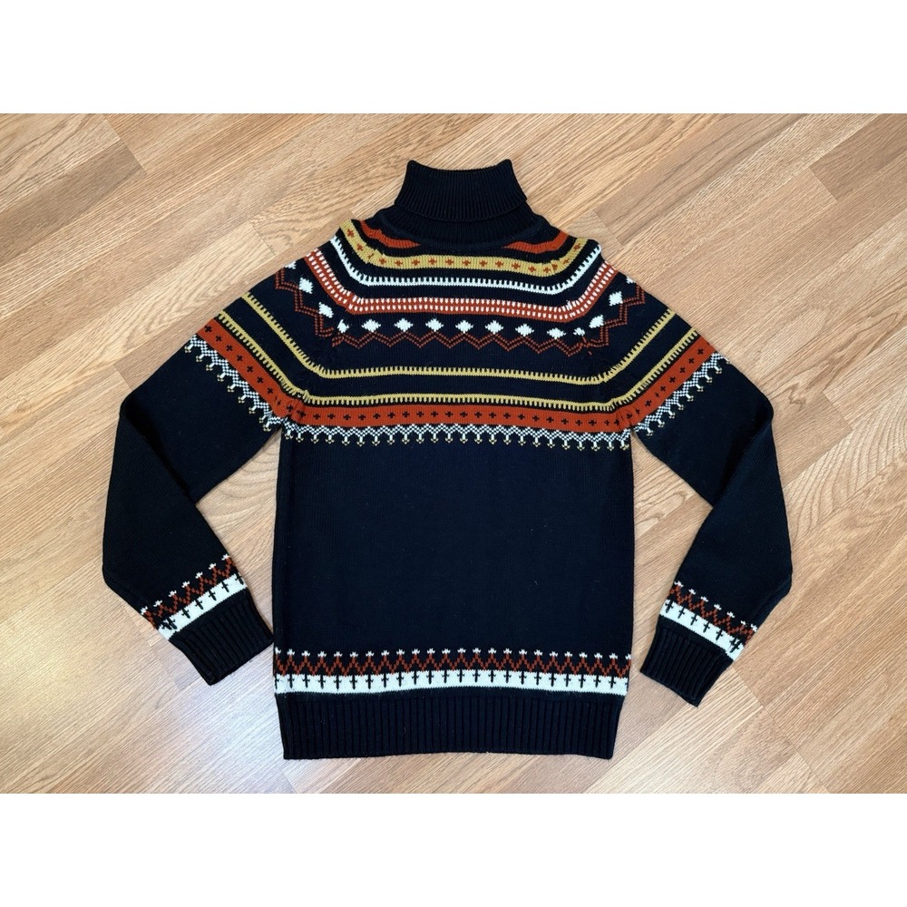 Vintage 70s Kmart Men's Blue Fair Isle Turtleneck Sweater Jumper Acrylic Medium